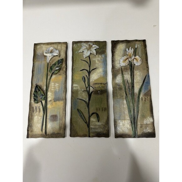 Vintage Set Of 3 Signed by S. Vassileva Relief Ceramic Flower Wall Art - 9" x 4” - Picture 2 of 9